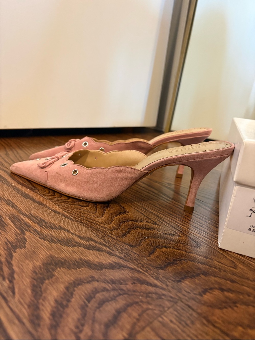 SCHUTZ Pink Suede Pointed Toe Slip-On Mules with Bow - Picture 4 of 6
